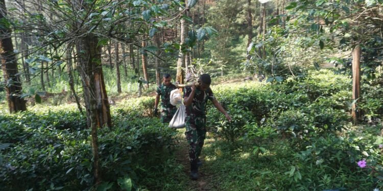 Melalui Jalan Yang Menanjak Anggota Satgas TMMD Reguler Ke 121 Angkut Bahan Material Dengan di Pikul Bersama