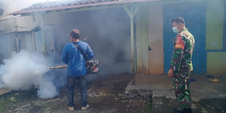 Babinsa Koramil 06/Tersono Dampingi Tim Kesehatan Lakukan Penyemprotan Foging