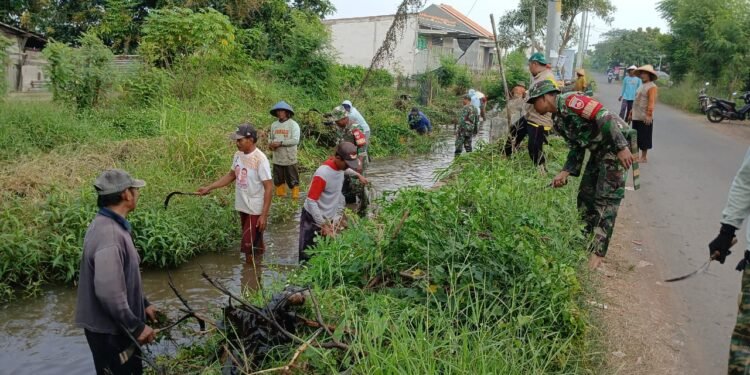 Babinsa Koramil 03/Gringsing Bersama Warga Bersihkan Saluran Irigasi